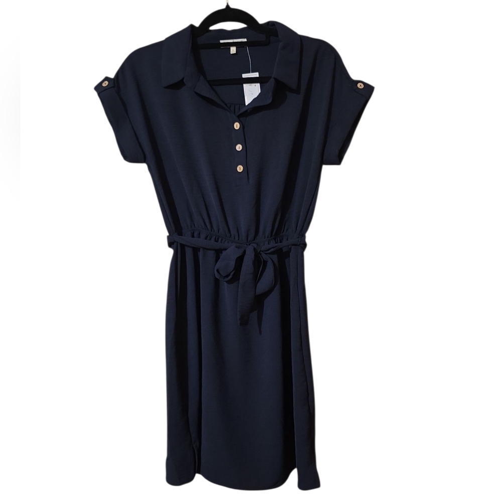 Elegant Navy Short-Sleeve Dress with Belt